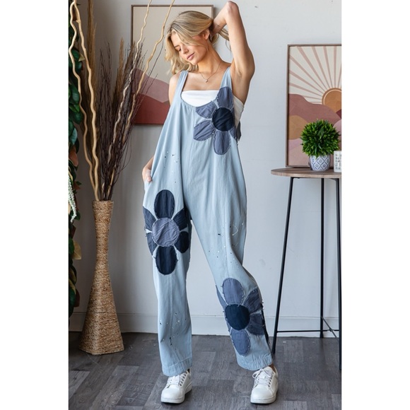 Oli & Hali Blue Daisy Flower Patchwork Relaxed Fit Overall Jumpsuit - Picture 2 of 6